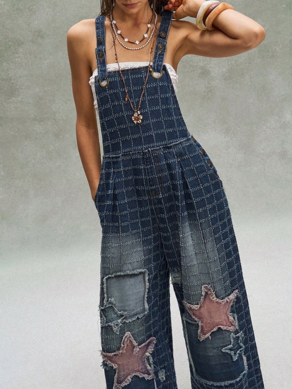 Western Dark Wash Star Wide Leg Bibs Overalls - Picture 4 of 7